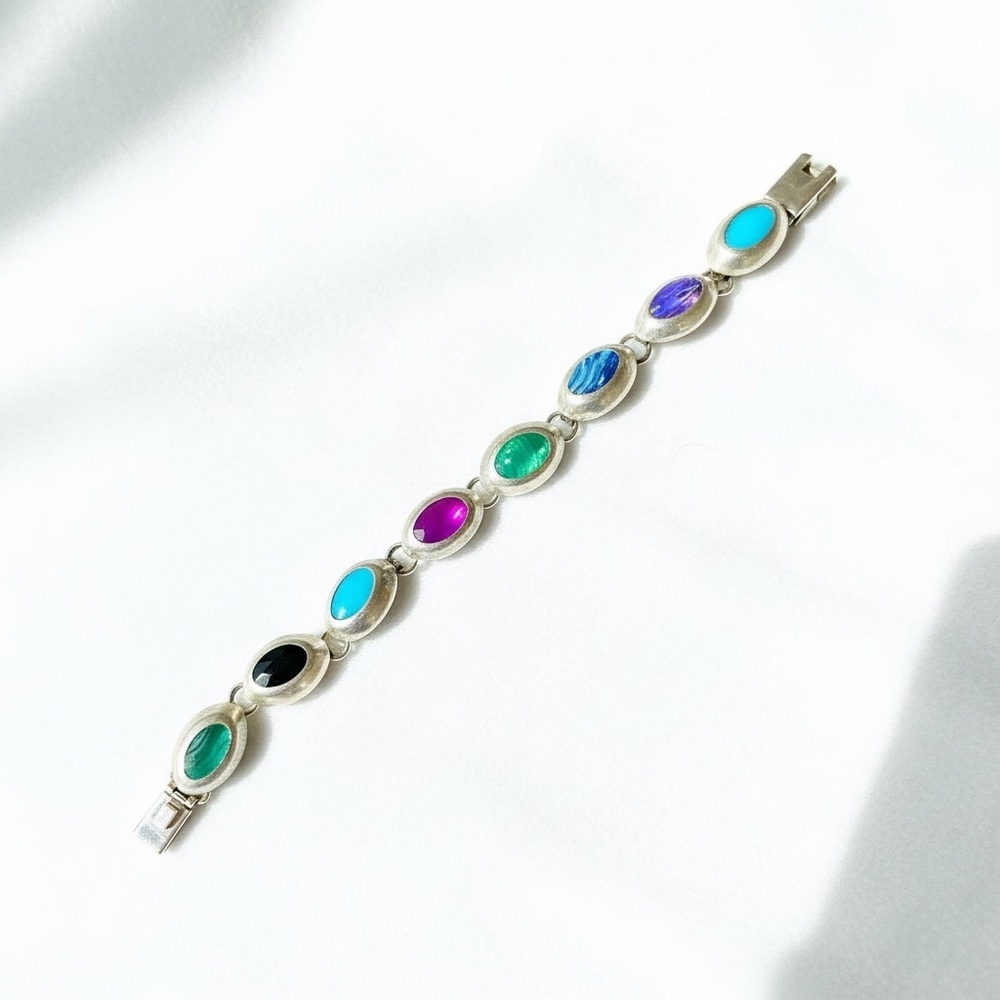 8 inch Mexican 925 stamped by artisan Multicolor Cabochon Bracelet​ - Picture 5 of 6